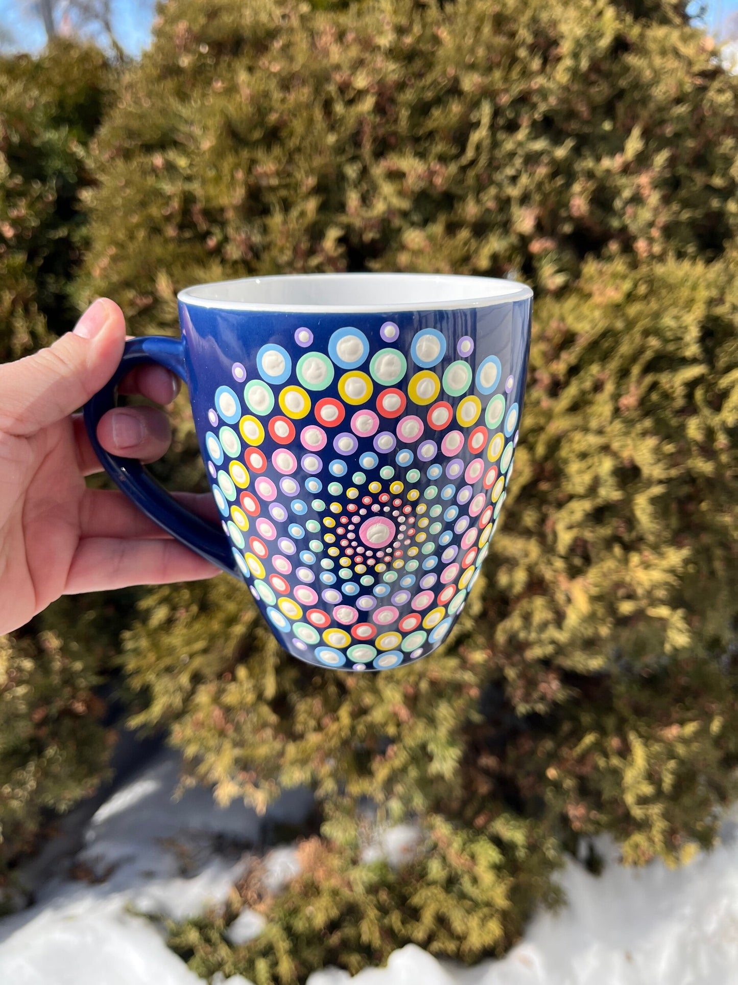 16 Oz navy blue coffee mug - pastel rainbow mandala