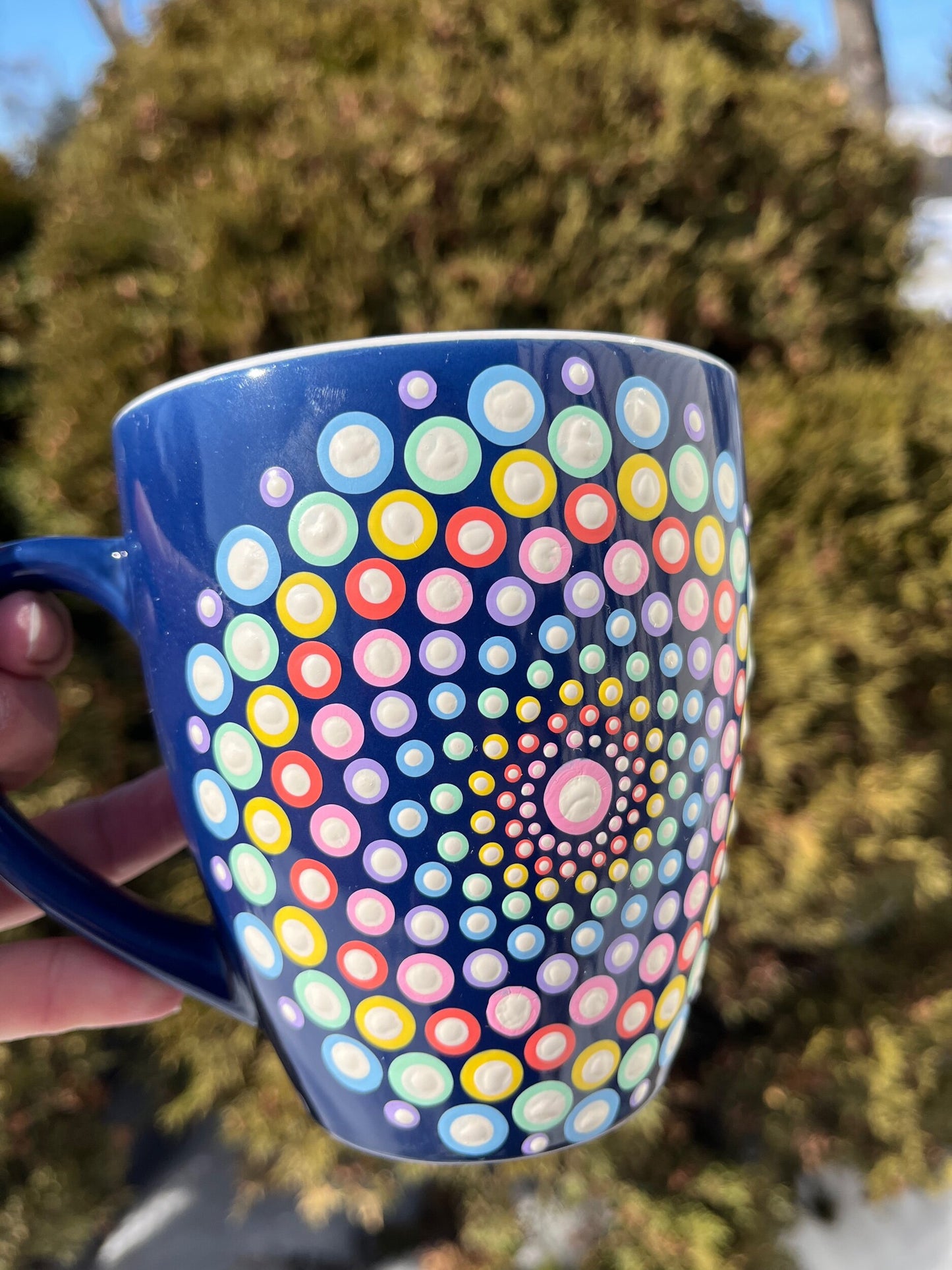 16 Oz navy blue coffee mug - pastel rainbow mandala
